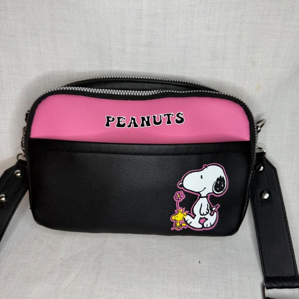 Peanuts Snoopy Woodstock Crossbody Bag Pink Black Camera Bag Faux Leather